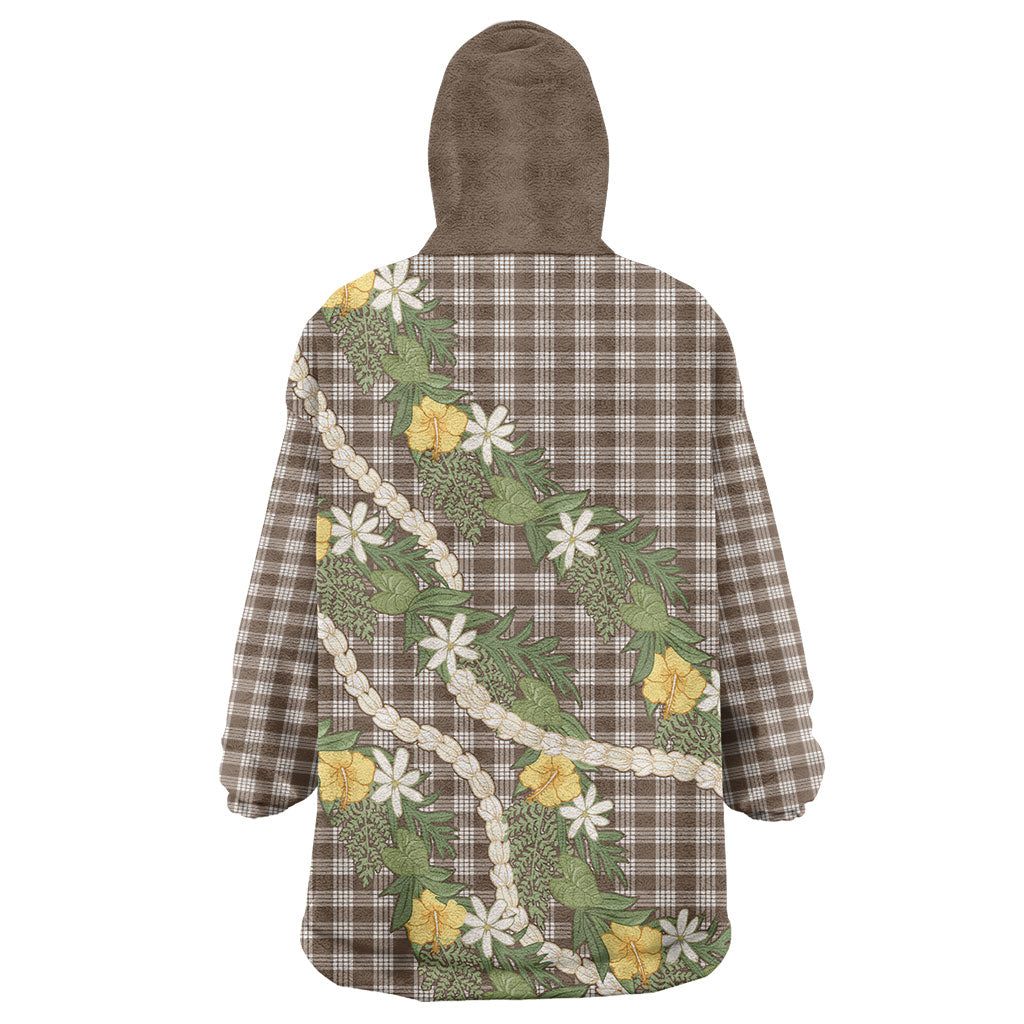 Aloha Puakenikeni Anthurium Pikake Lei Wearable Blanket Hoodie Chocolate Hawaiian Palaka Pattern