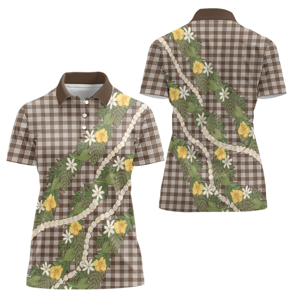 Aloha Puakenikeni Anthurium Pikake Lei Women Polo Shirt Chocolate Hawaiian Palaka Pattern