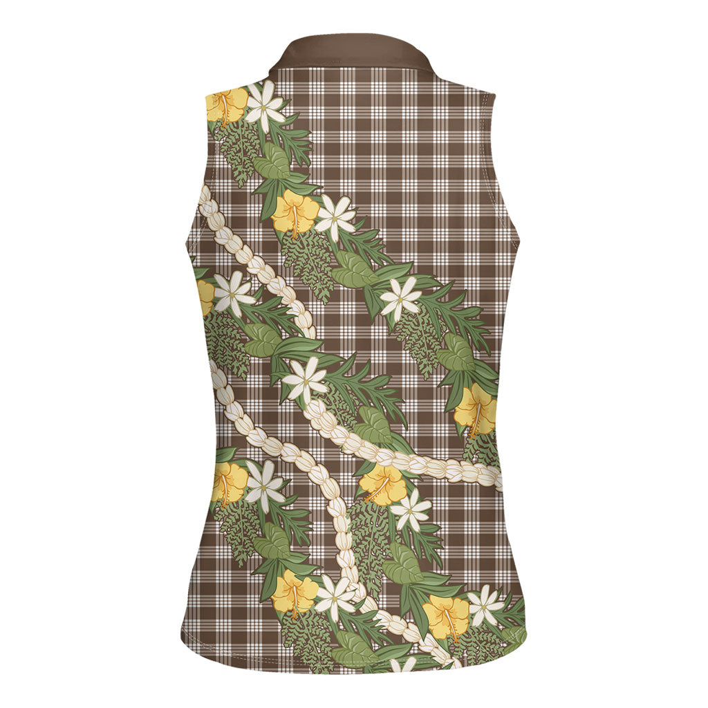 Aloha Puakenikeni Anthurium Pikake Lei Women Sleeveless Polo Shirt Chocolate Hawaiian Palaka Pattern LT9 - Polynesian Pride