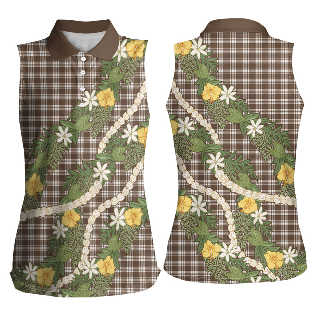 Aloha Puakenikeni Anthurium Pikake Lei Women Sleeveless Polo Shirt Chocolate Hawaiian Palaka Pattern LT9 - Polynesian Pride
