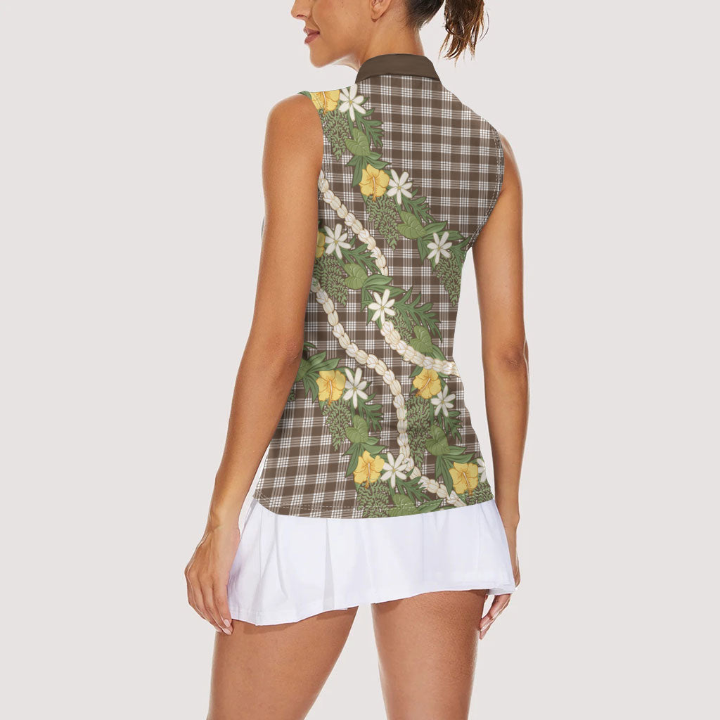 Aloha Puakenikeni Anthurium Pikake Lei Women Sleeveless Polo Shirt Chocolate Hawaiian Palaka Pattern LT9 - Polynesian Pride