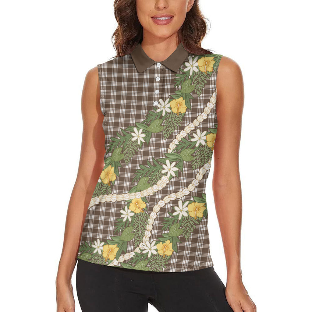 Aloha Puakenikeni Anthurium Pikake Lei Women Sleeveless Polo Shirt Chocolate Hawaiian Palaka Pattern LT9 - Polynesian Pride