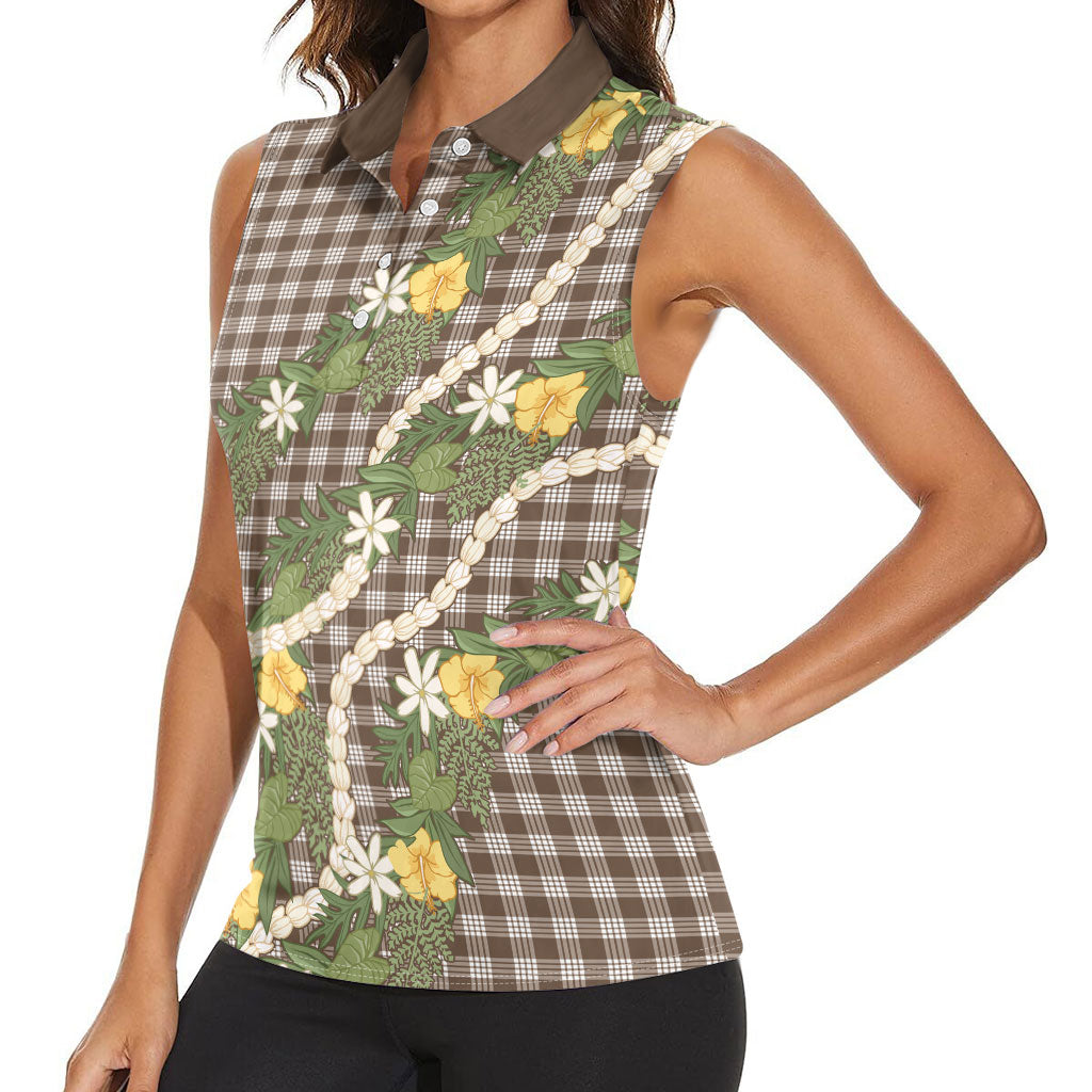 Aloha Puakenikeni Anthurium Pikake Lei Women Sleeveless Polo Shirt Chocolate Hawaiian Palaka Pattern LT9 - Polynesian Pride