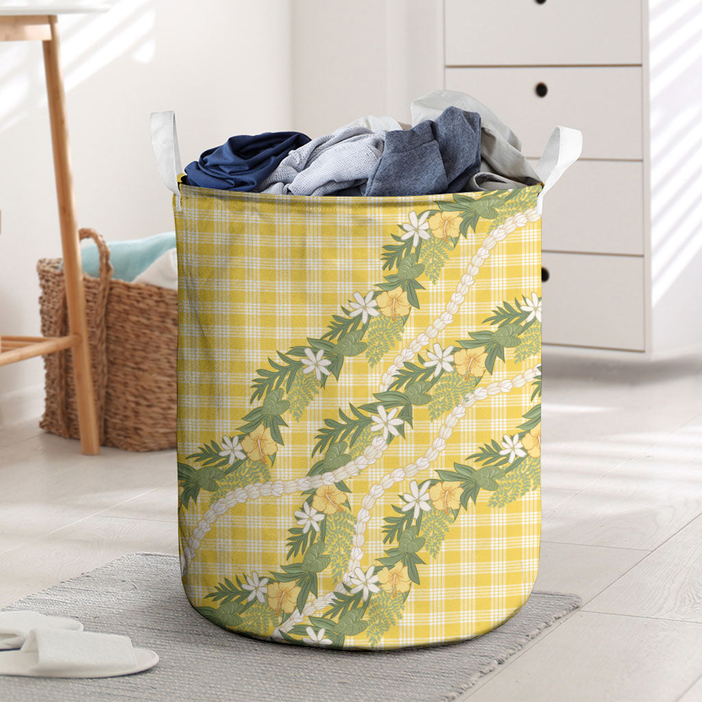 Aloha Puakenikeni Anthurium Pikake Lei Laundry Basket Gold Hawaiian Palaka Pattern