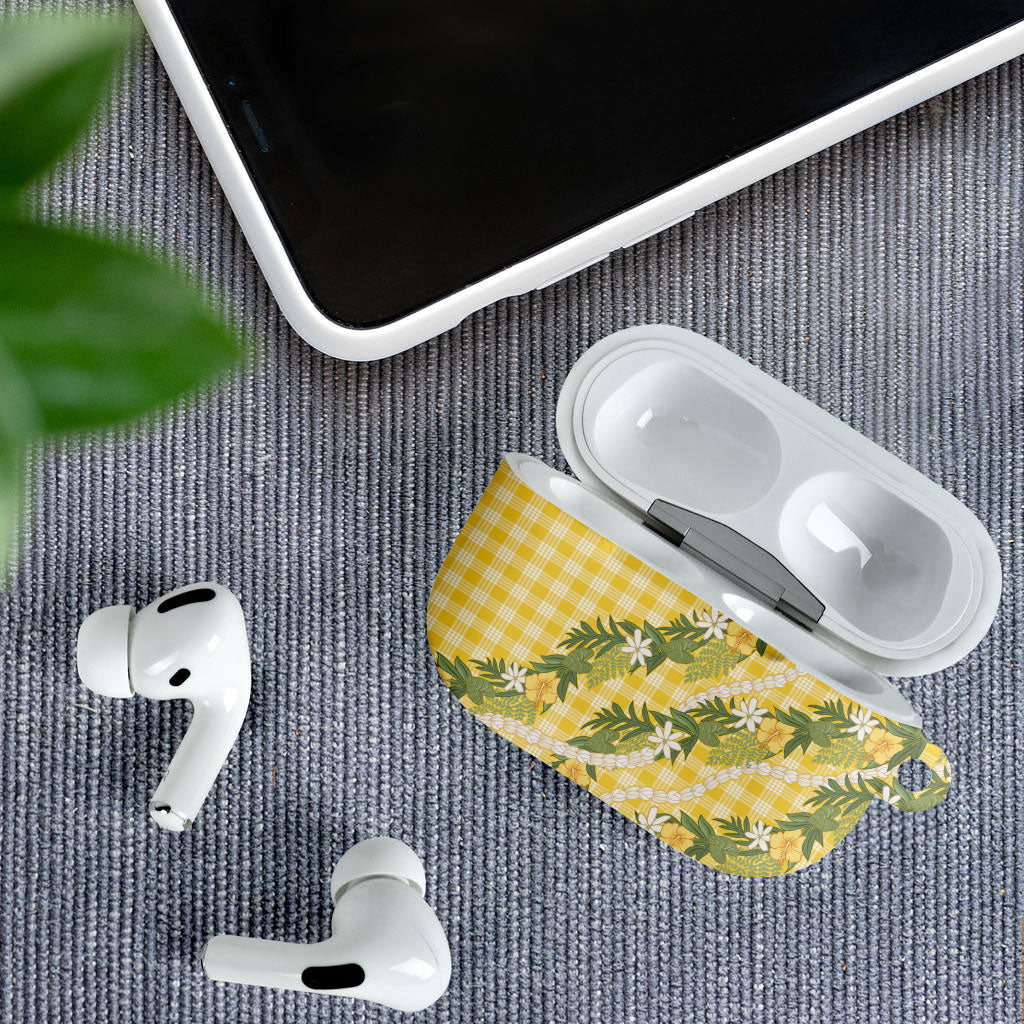 Aloha Puakenikeni Anthurium Pikake Lei AirPods Case Gold Hawaiian Palaka Pattern