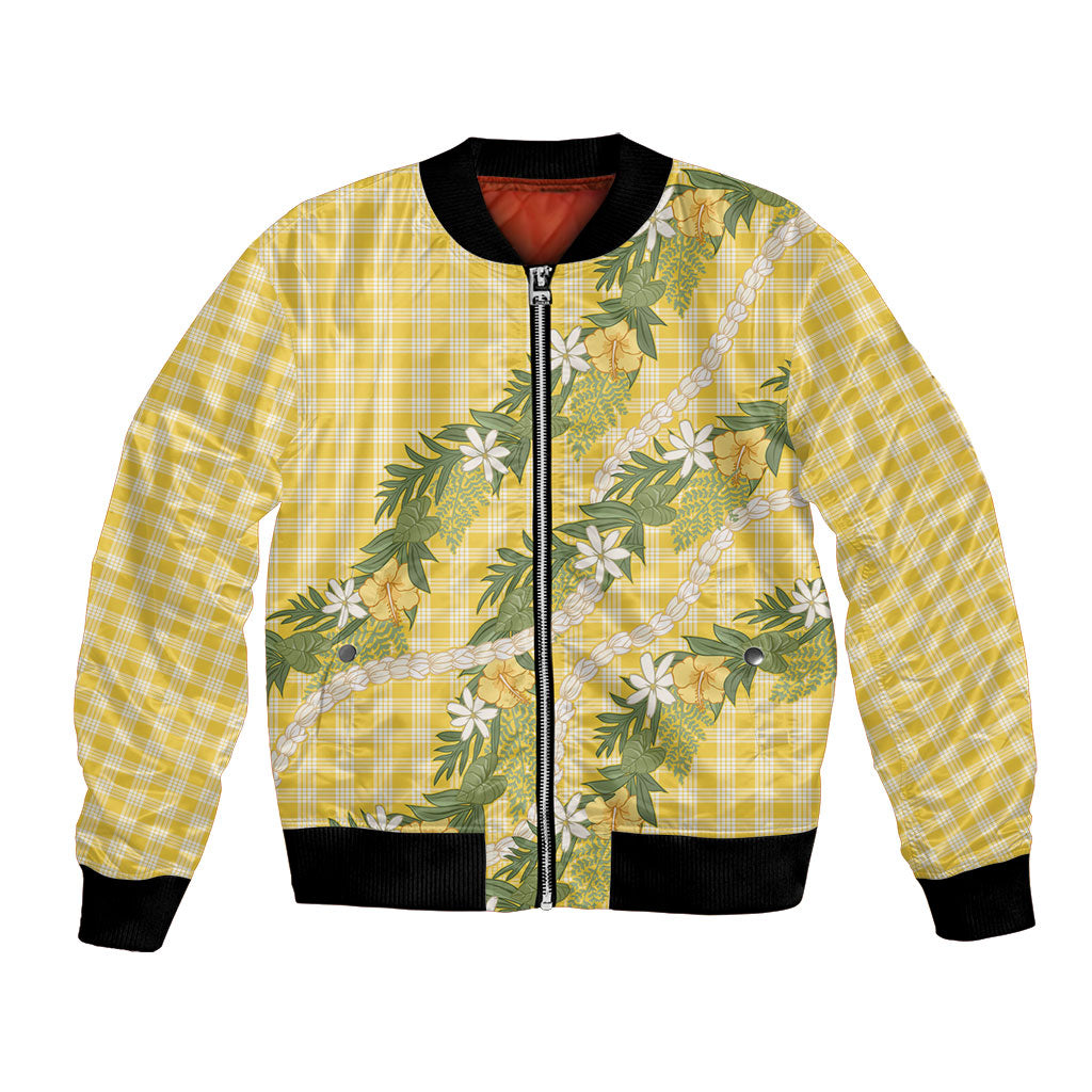 Aloha Puakenikeni Anthurium Pikake Lei Bomber Jacket Gold Hawaiian Palaka Pattern