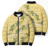 Aloha Puakenikeni Anthurium Pikake Lei Bomber Puffer Jacket Gold Hawaiian Palaka Pattern