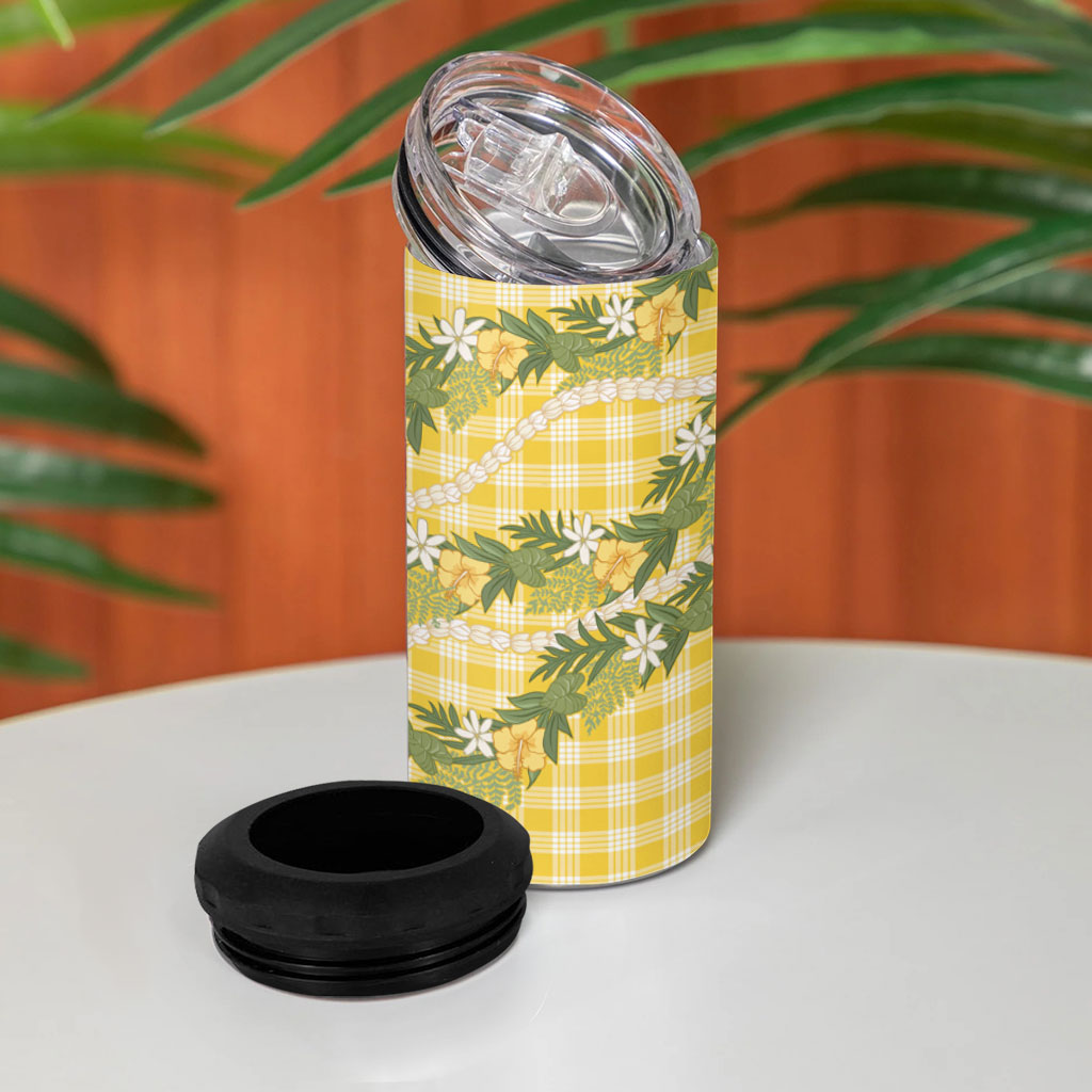 Aloha Puakenikeni Anthurium Pikake Lei 4 in 1 Can Cooler Tumbler Gold Hawaiian Palaka Pattern LT9 - Polynesian Pride
