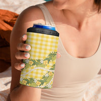 Aloha Puakenikeni Anthurium Pikake Lei 4 in 1 Can Cooler Tumbler Gold Hawaiian Palaka Pattern LT9 - Polynesian Pride