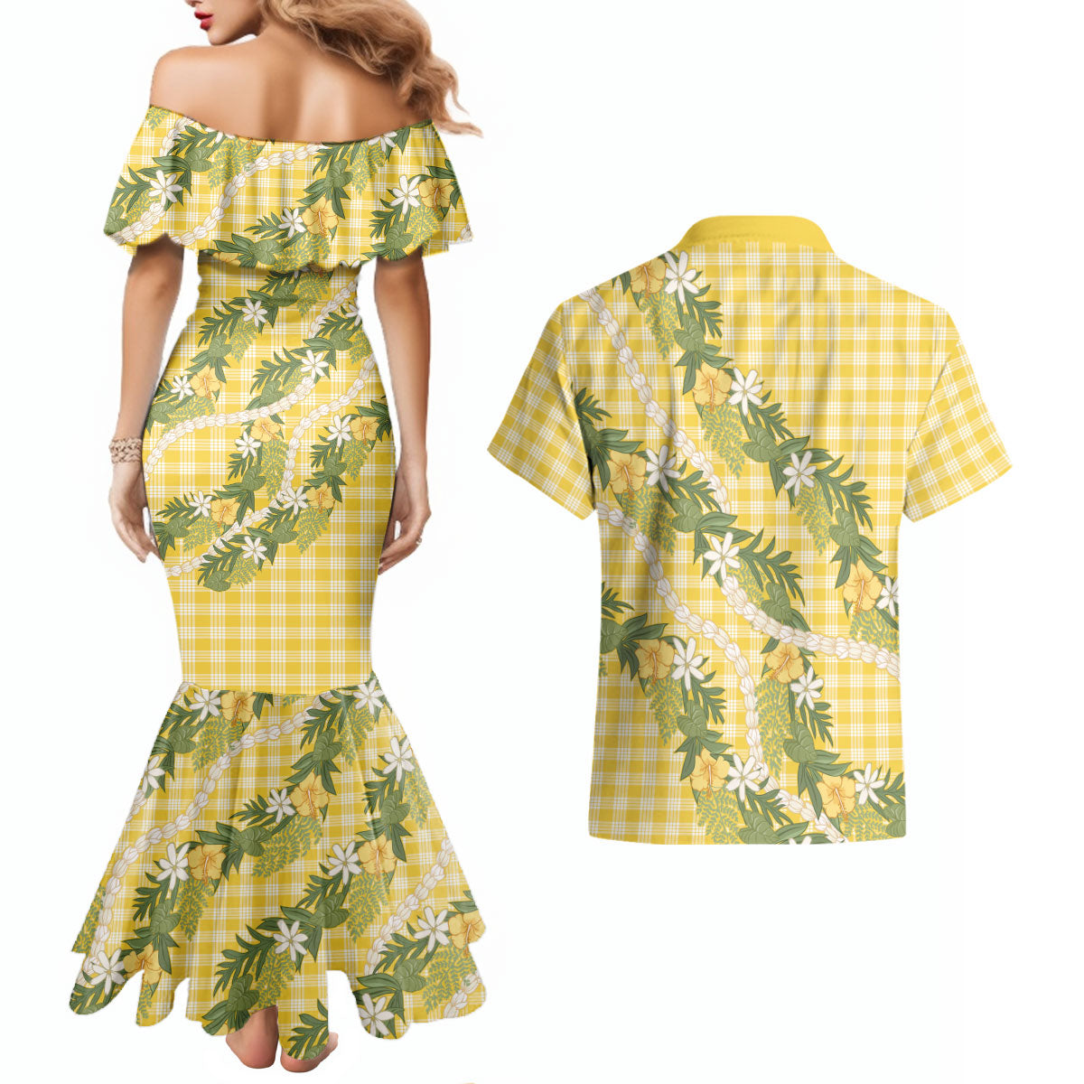 Aloha Puakenikeni Anthurium Pikake Lei Couples Matching Mermaid Dress and Hawaiian Shirt Gold Hawaiian Palaka Pattern LT9 - Polynesian Pride