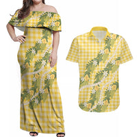 Aloha Puakenikeni Anthurium Pikake Lei Couples Matching Off Shoulder Maxi Dress and Hawaiian Shirt Gold Hawaiian Palaka Pattern LT9 Gold - Polynesian Pride