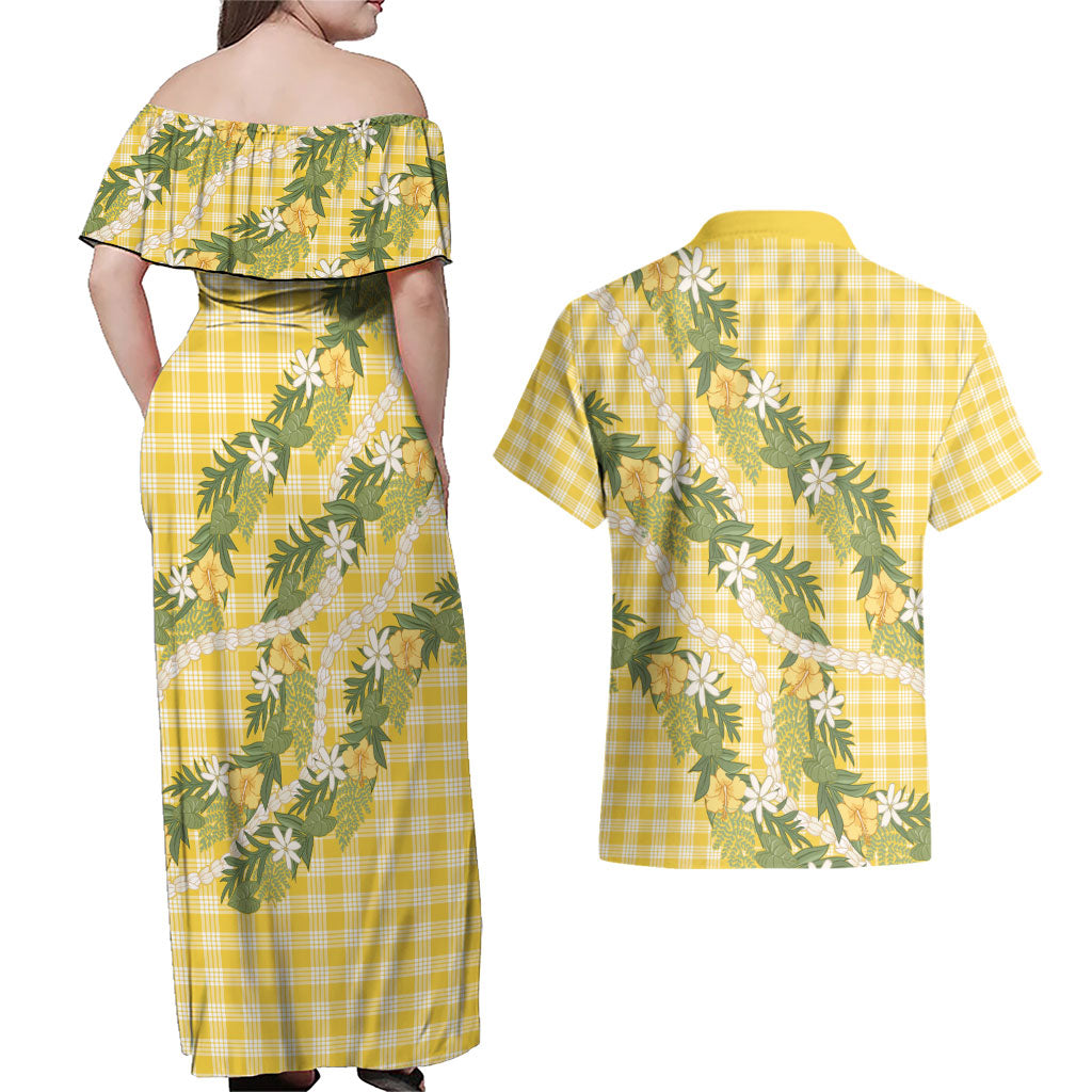 Aloha Puakenikeni Anthurium Pikake Lei Couples Matching Off Shoulder Maxi Dress and Hawaiian Shirt Gold Hawaiian Palaka Pattern LT9 - Polynesian Pride
