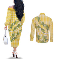 Aloha Puakenikeni Anthurium Pikake Lei Couples Matching Off The Shoulder Long Sleeve Dress and Long Sleeve Button Shirt Gold Hawaiian Palaka Pattern LT9 - Polynesian Pride