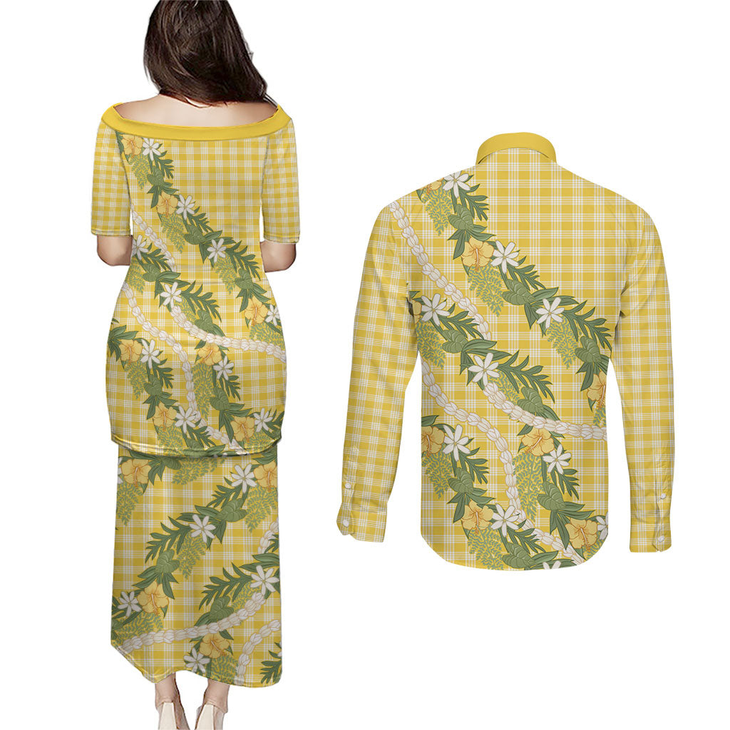 Aloha Puakenikeni Anthurium Pikake Lei Couples Matching Puletasi and Long Sleeve Button Shirt Gold Hawaiian Palaka Pattern LT9 - Polynesian Pride