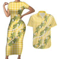Aloha Puakenikeni Anthurium Pikake Lei Couples Matching Short Sleeve Bodycon Dress and Hawaiian Shirt Gold Hawaiian Palaka Pattern LT9 Gold - Polynesian Pride