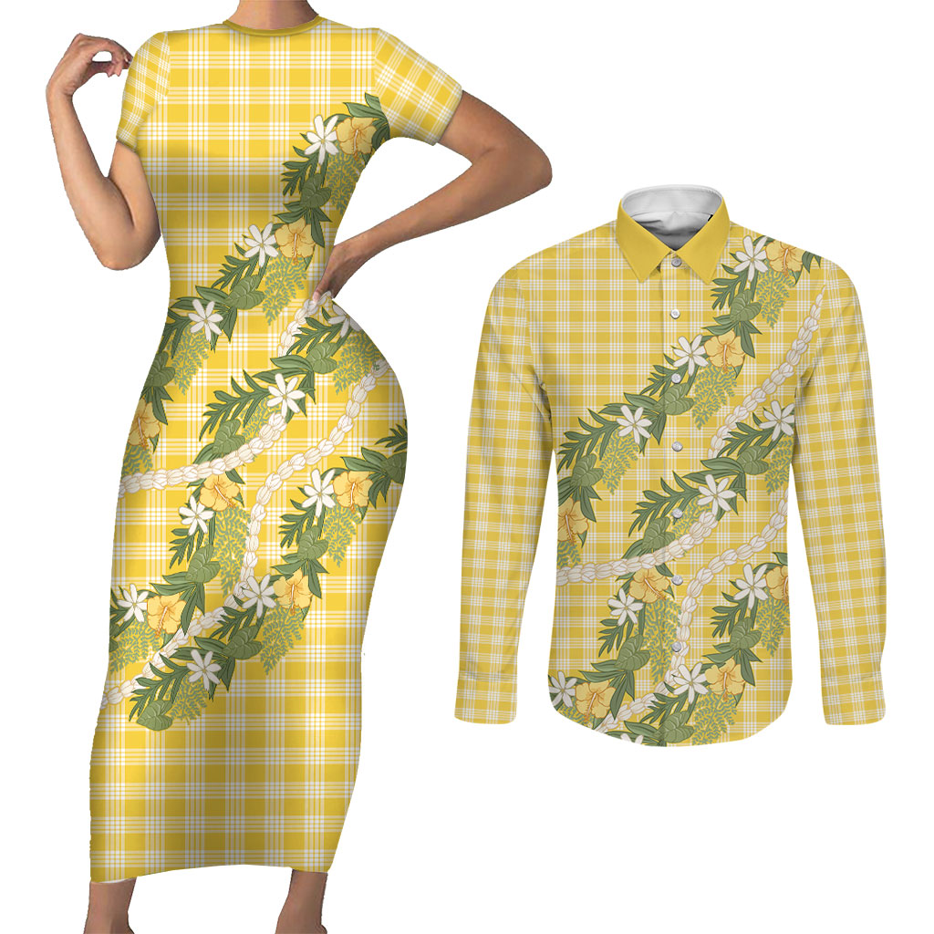 Aloha Puakenikeni Anthurium Pikake Lei Couples Matching Short Sleeve Bodycon Dress and Long Sleeve Button Shirt Gold Hawaiian Palaka Pattern LT9 Gold - Polynesian Pride
