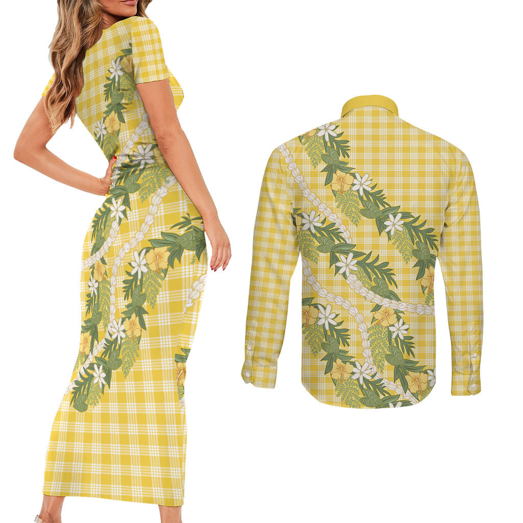 Aloha Puakenikeni Anthurium Pikake Lei Couples Matching Short Sleeve Bodycon Dress and Long Sleeve Button Shirt Gold Hawaiian Palaka Pattern LT9 - Polynesian Pride
