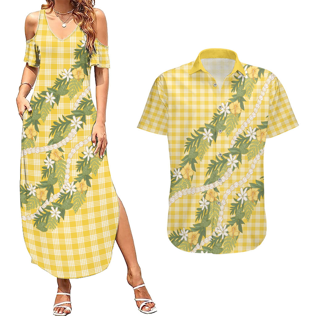 Aloha Puakenikeni Anthurium Pikake Lei Couples Matching Summer Maxi Dress and Hawaiian Shirt Gold Hawaiian Palaka Pattern LT9 Gold - Polynesian Pride