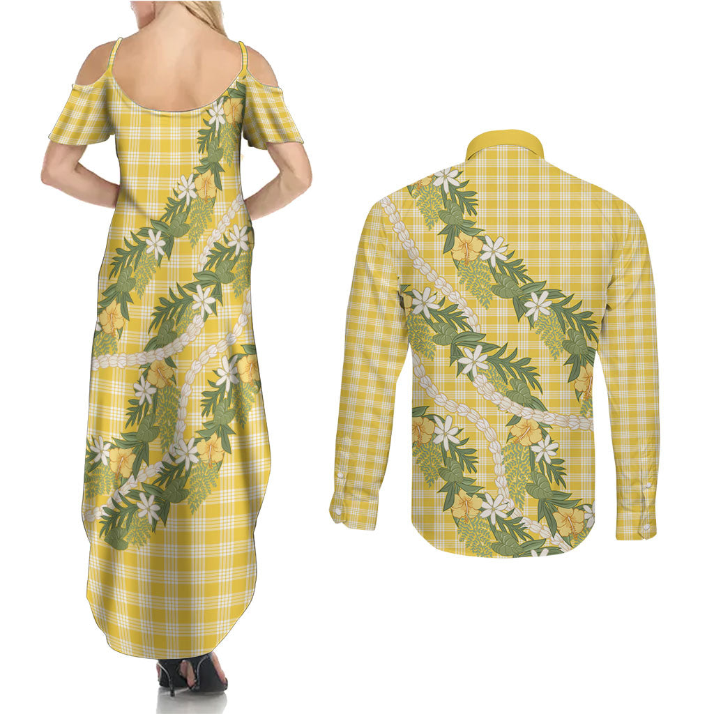 Aloha Puakenikeni Anthurium Pikake Lei Couples Matching Summer Maxi Dress and Long Sleeve Button Shirt Gold Hawaiian Palaka Pattern LT9 - Polynesian Pride
