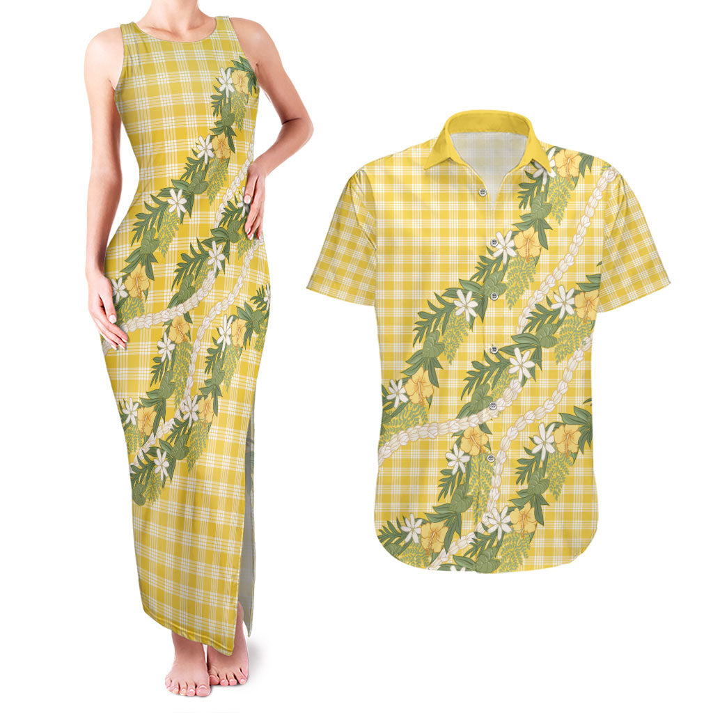 Aloha Puakenikeni Anthurium Pikake Lei Couples Matching Tank Maxi Dress and Hawaiian Shirt Gold Hawaiian Palaka Pattern