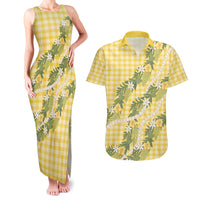 Aloha Puakenikeni Anthurium Pikake Lei Couples Matching Tank Maxi Dress and Hawaiian Shirt Gold Hawaiian Palaka Pattern LT9 Gold - Polynesian Pride