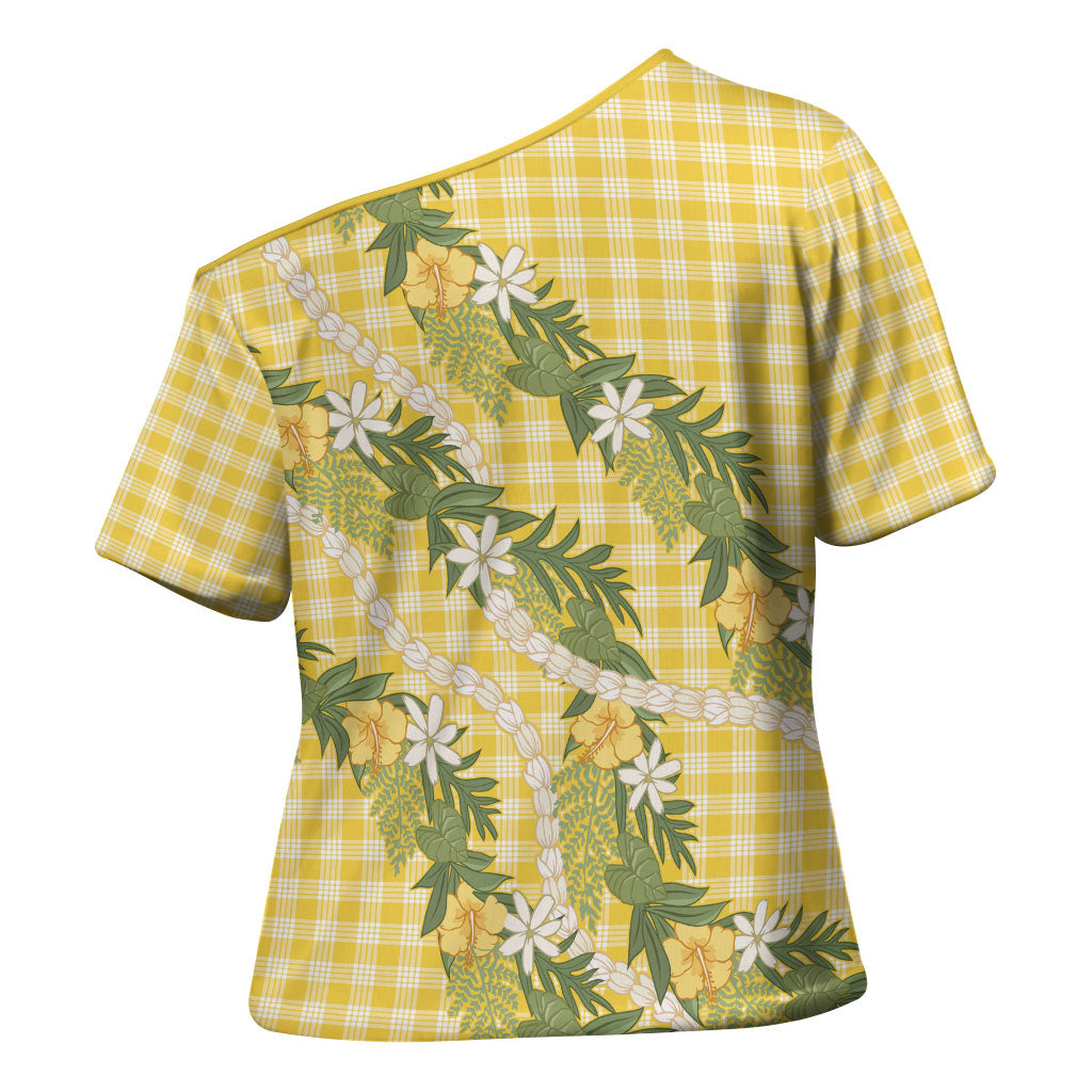 Aloha Puakenikeni Anthurium Pikake Lei Cross Shoulder Shirt Gold Hawaiian Palaka Pattern LT9 - Polynesian Pride