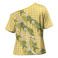 Aloha Puakenikeni Anthurium Pikake Lei Cross Shoulder Shirt Gold Hawaiian Palaka Pattern LT9 - Polynesian Pride