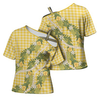 Aloha Puakenikeni Anthurium Pikake Lei Cross Shoulder Shirt Gold Hawaiian Palaka Pattern LT9 - Polynesian Pride