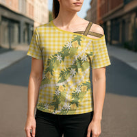 Aloha Puakenikeni Anthurium Pikake Lei Cross Shoulder Shirt Gold Hawaiian Palaka Pattern LT9 - Polynesian Pride