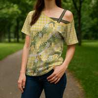 Aloha Puakenikeni Anthurium Pikake Lei Cross Shoulder Shirt Gold Hawaiian Palaka Pattern LT9 - Polynesian Pride