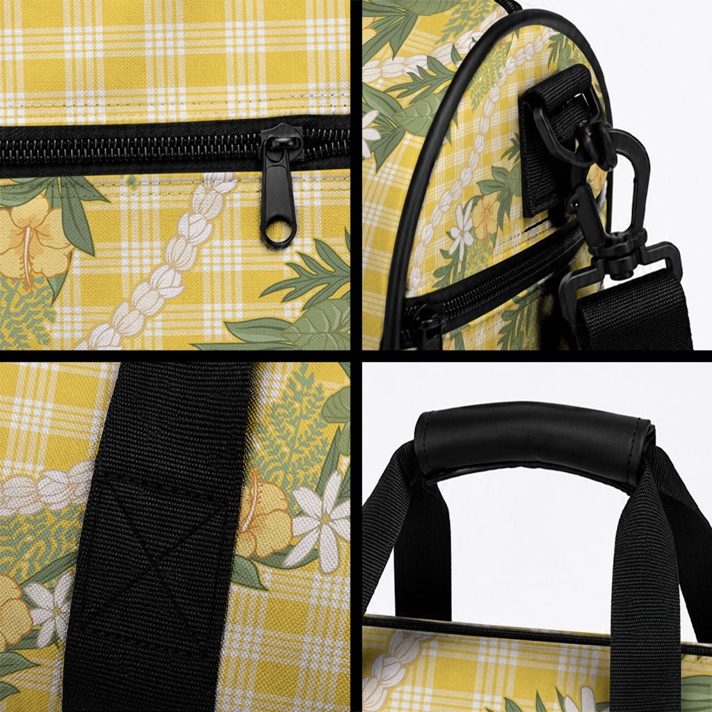 Aloha Puakenikeni Anthurium Pikake Lei Duffle Bag Gold Hawaiian Palaka Pattern LT9 - Polynesian Pride