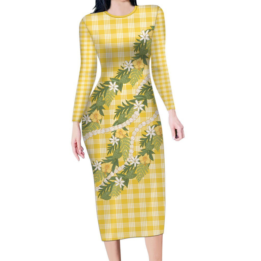Aloha Puakenikeni Anthurium Pikake Lei Family Matching Long Sleeve Bodycon Dress and Hawaiian Shirt Gold Hawaiian Palaka Pattern LT9 Mom's Dress Gold - Polynesian Pride