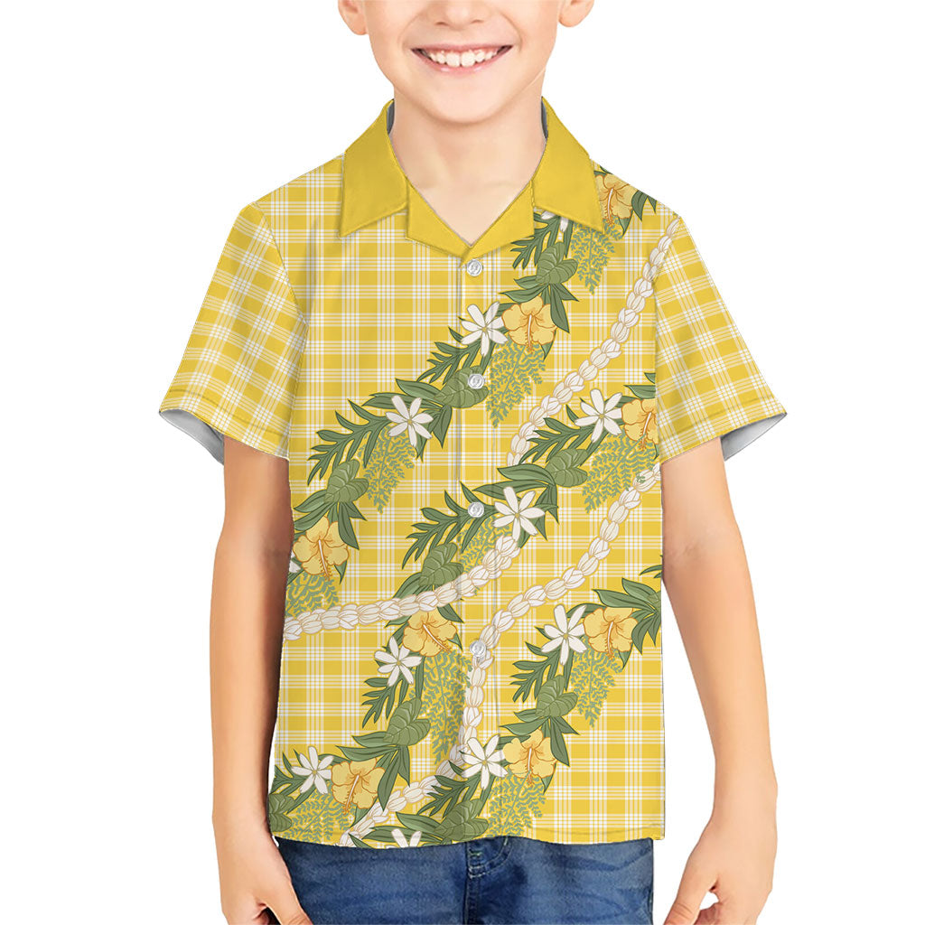 Aloha Puakenikeni Anthurium Pikake Lei Family Matching Long Sleeve Bodycon Dress and Hawaiian Shirt Gold Hawaiian Palaka Pattern LT9 Son's Shirt Gold - Polynesian Pride