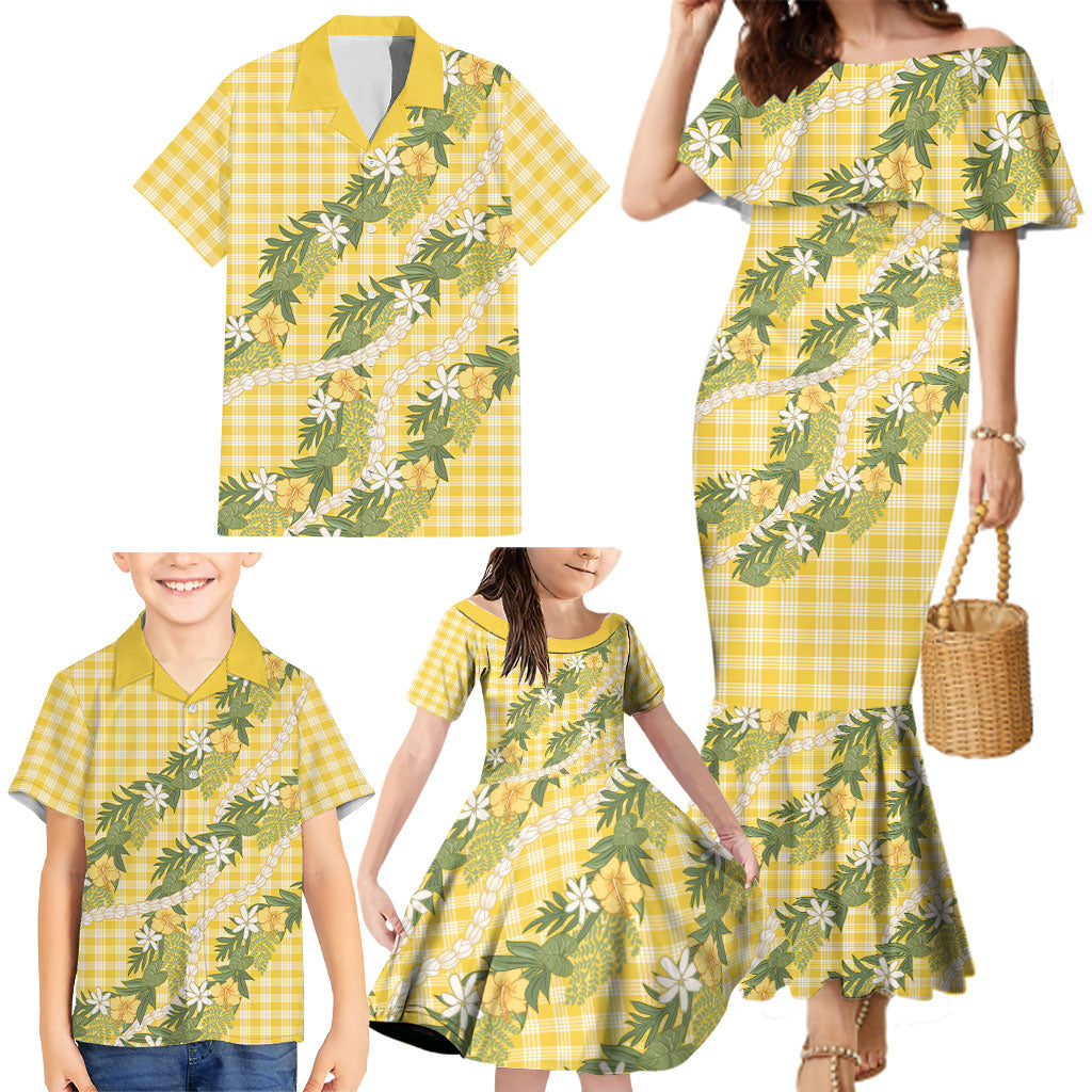 Aloha Puakenikeni Anthurium Pikake Lei Family Matching Mermaid Dress and Hawaiian Shirt Gold Hawaiian Palaka Pattern LT9 - Polynesian Pride