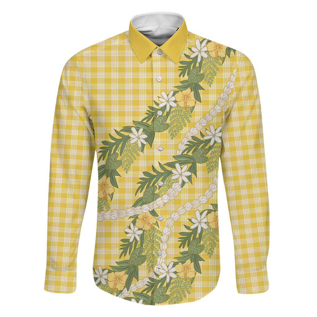 Aloha Puakenikeni Anthurium Pikake Lei Family Matching Mermaid Dress and Hawaiian Shirt Gold Hawaiian Palaka Pattern LT9 Dad's Shirt - Long Sleeve Gold - Polynesian Pride
