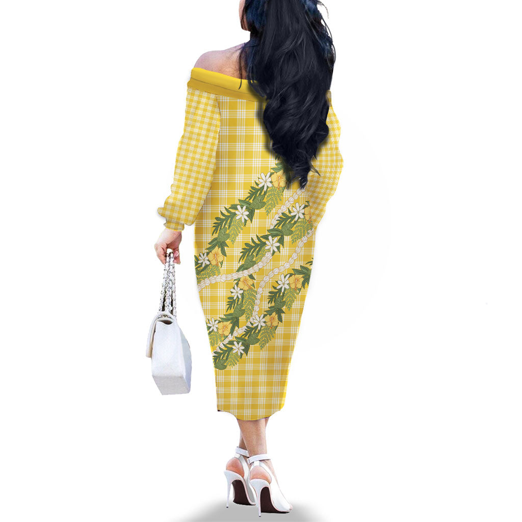 Aloha Puakenikeni Anthurium Pikake Lei Family Matching Off The Shoulder Long Sleeve Dress and Hawaiian Shirt Gold Hawaiian Palaka Pattern LT9 - Polynesian Pride