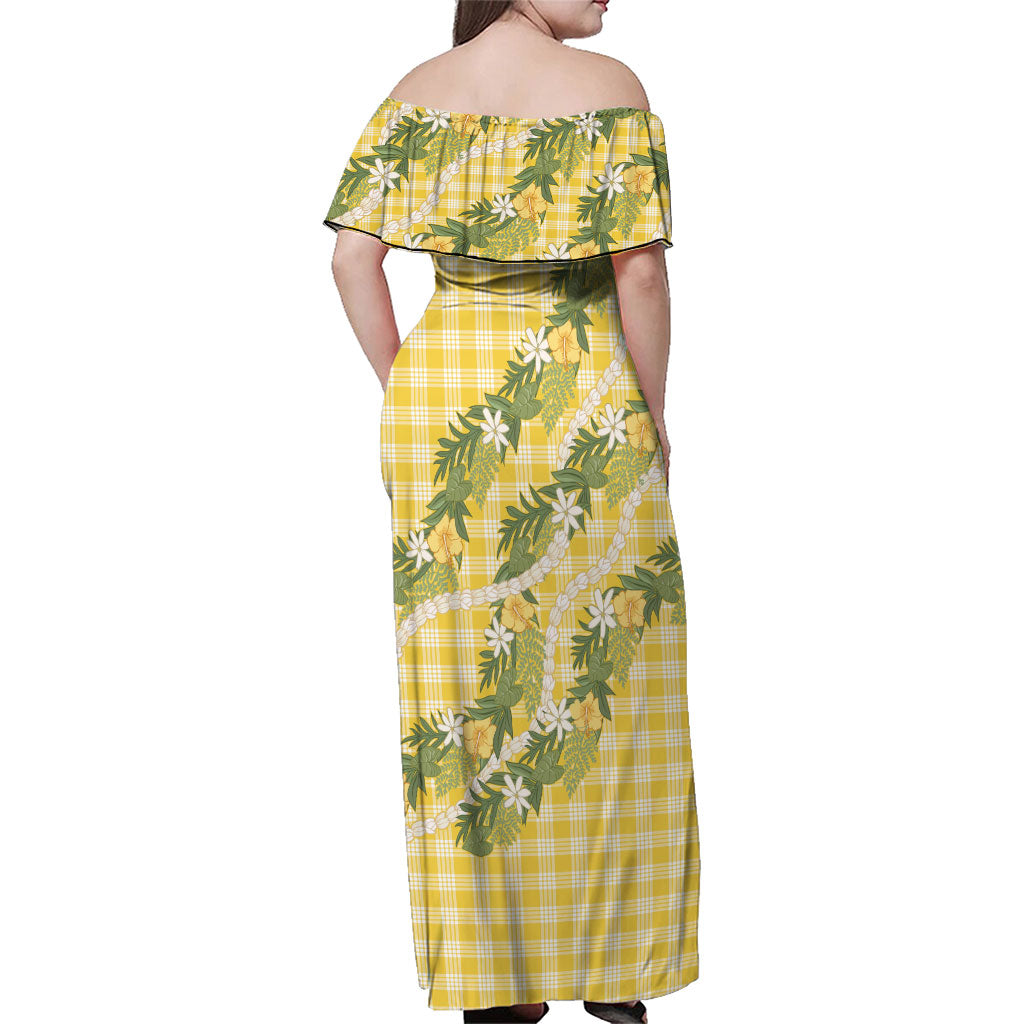 Aloha Puakenikeni Anthurium Pikake Lei Family Matching Off Shoulder Maxi Dress and Hawaiian Shirt Gold Hawaiian Palaka Pattern LT9 - Polynesian Pride