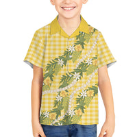 Aloha Puakenikeni Anthurium Pikake Lei Family Matching Off Shoulder Maxi Dress and Hawaiian Shirt Gold Hawaiian Palaka Pattern LT9 Son's Shirt Gold - Polynesian Pride