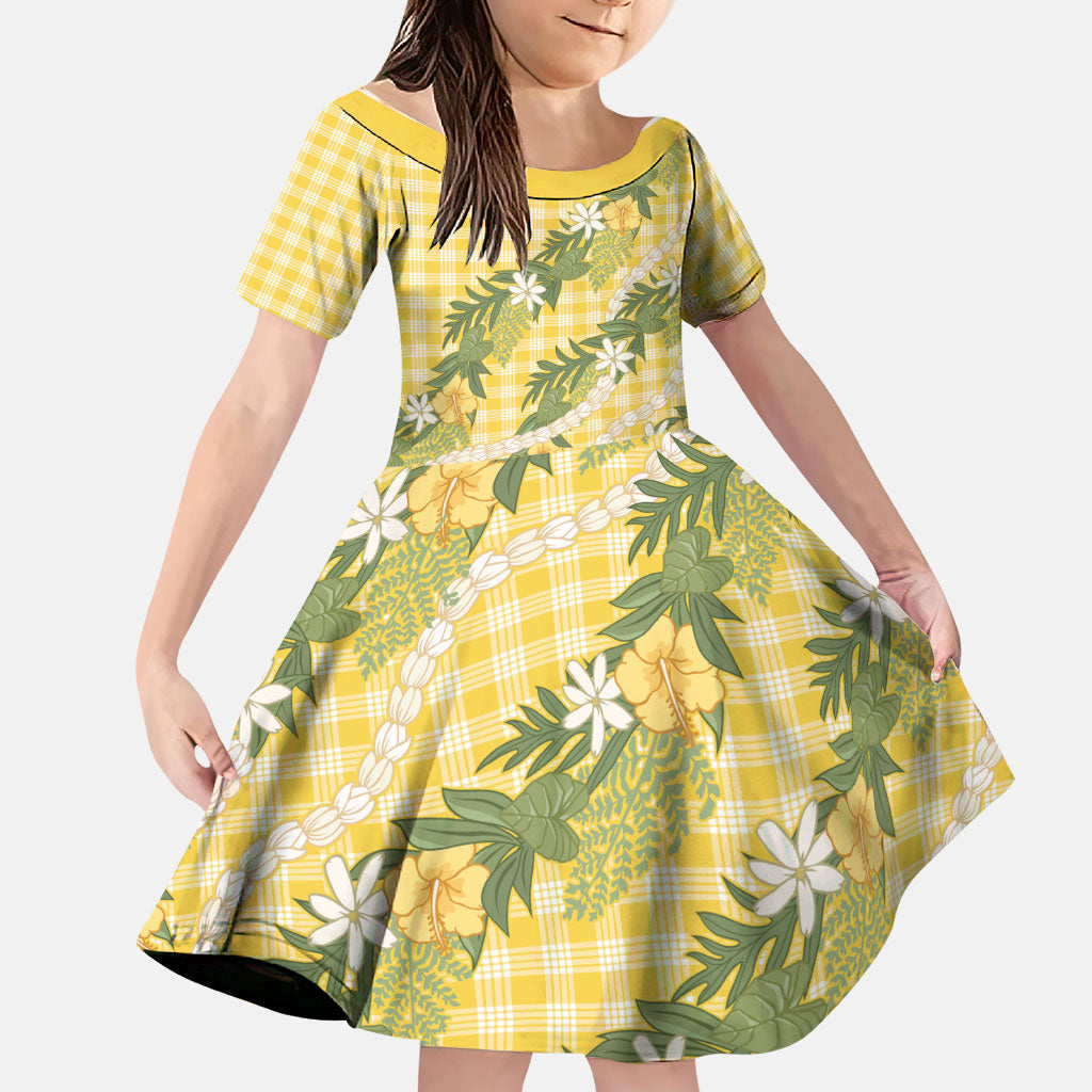 Aloha Puakenikeni Anthurium Pikake Lei Family Matching Off Shoulder Short Dress and Hawaiian Shirt Gold Hawaiian Palaka Pattern LT9 Daughter's Dress Gold - Polynesian Pride