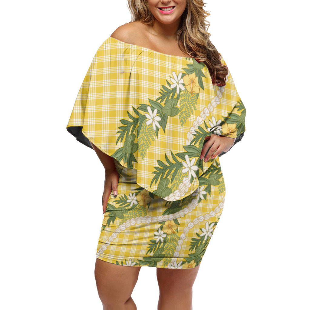 Aloha Puakenikeni Anthurium Pikake Lei Family Matching Off Shoulder Short Dress and Hawaiian Shirt Gold Hawaiian Palaka Pattern LT9 Mom's Dress Gold - Polynesian Pride
