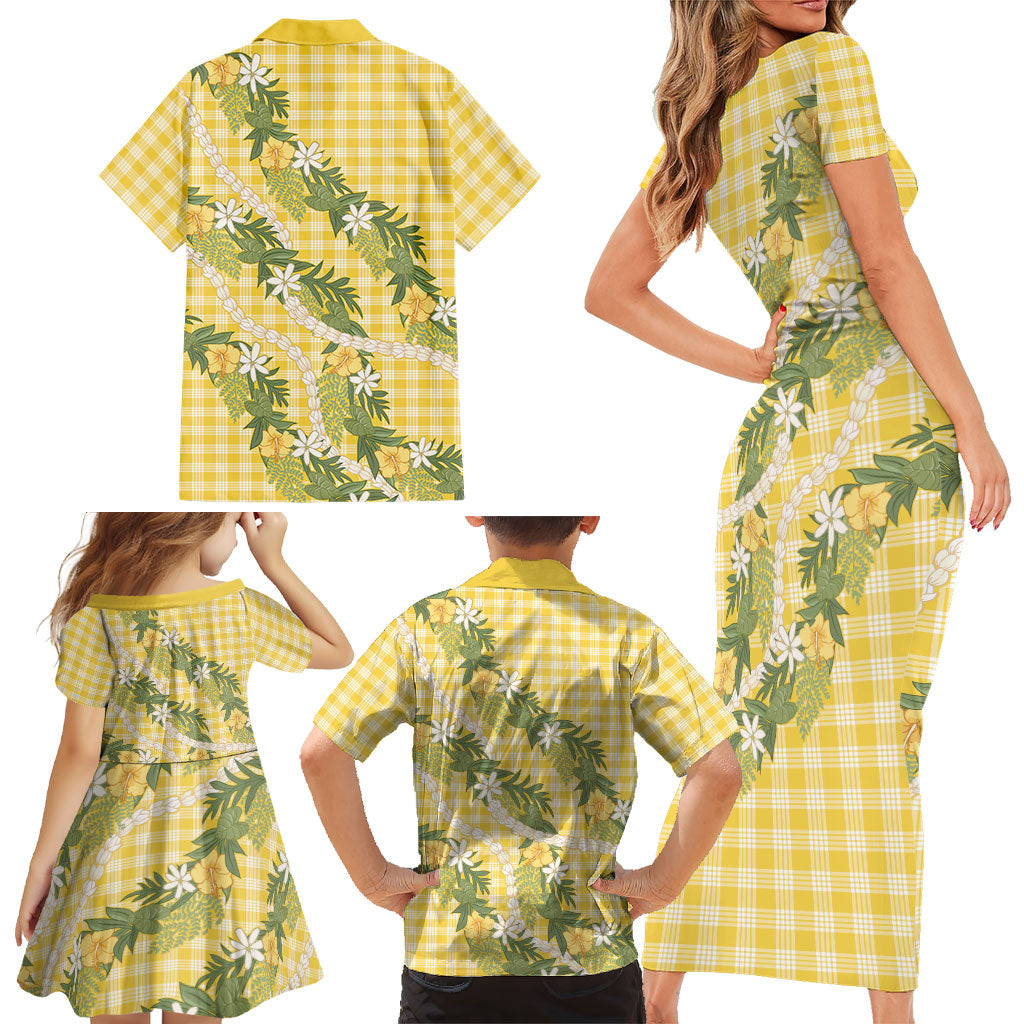 Aloha Puakenikeni Anthurium Pikake Lei Family Matching Short Sleeve Bodycon Dress and Hawaiian Shirt Gold Hawaiian Palaka Pattern LT9 - Polynesian Pride