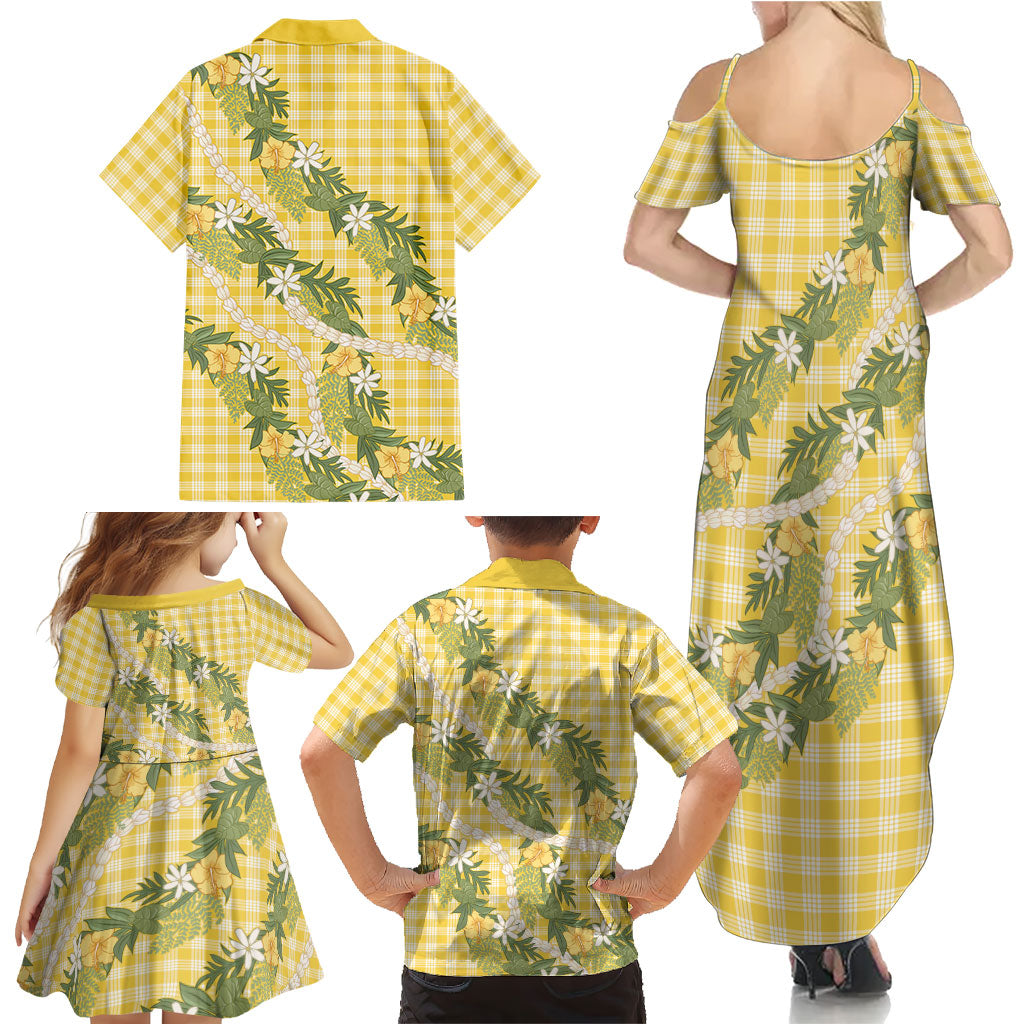 Aloha Puakenikeni Anthurium Pikake Lei Family Matching Summer Maxi Dress and Hawaiian Shirt Gold Hawaiian Palaka Pattern LT9 - Polynesian Pride