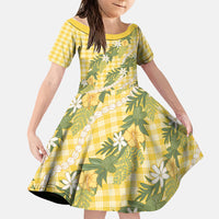 Aloha Puakenikeni Anthurium Pikake Lei Family Matching Tank Maxi Dress and Hawaiian Shirt Gold Hawaiian Palaka Pattern LT9 Daughter's Dress Gold - Polynesian Pride