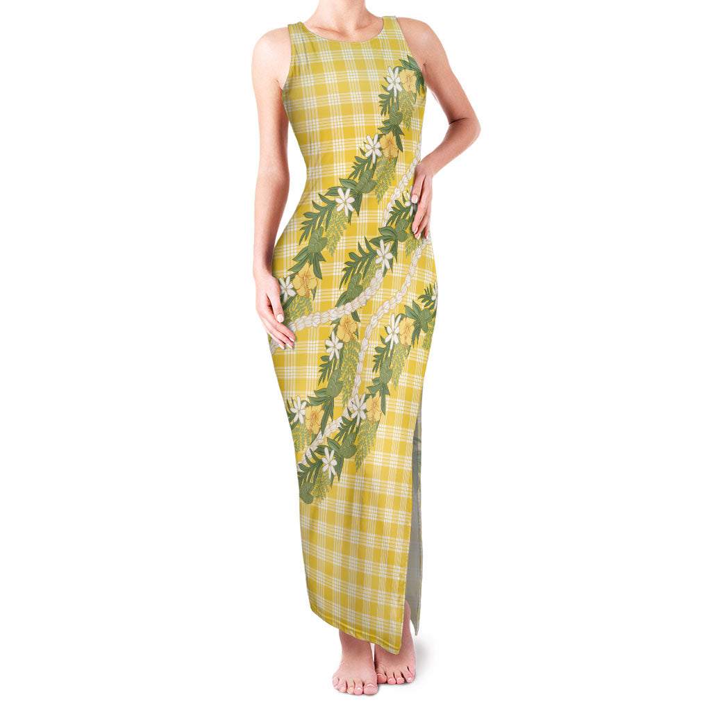 Aloha Puakenikeni Anthurium Pikake Lei Family Matching Tank Maxi Dress and Hawaiian Shirt Gold Hawaiian Palaka Pattern LT9 Mom's Dress Gold - Polynesian Pride