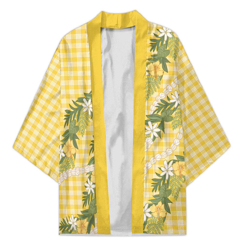Aloha Puakenikeni Anthurium Pikake Lei Kimono Gold Hawaiian Palaka Pattern