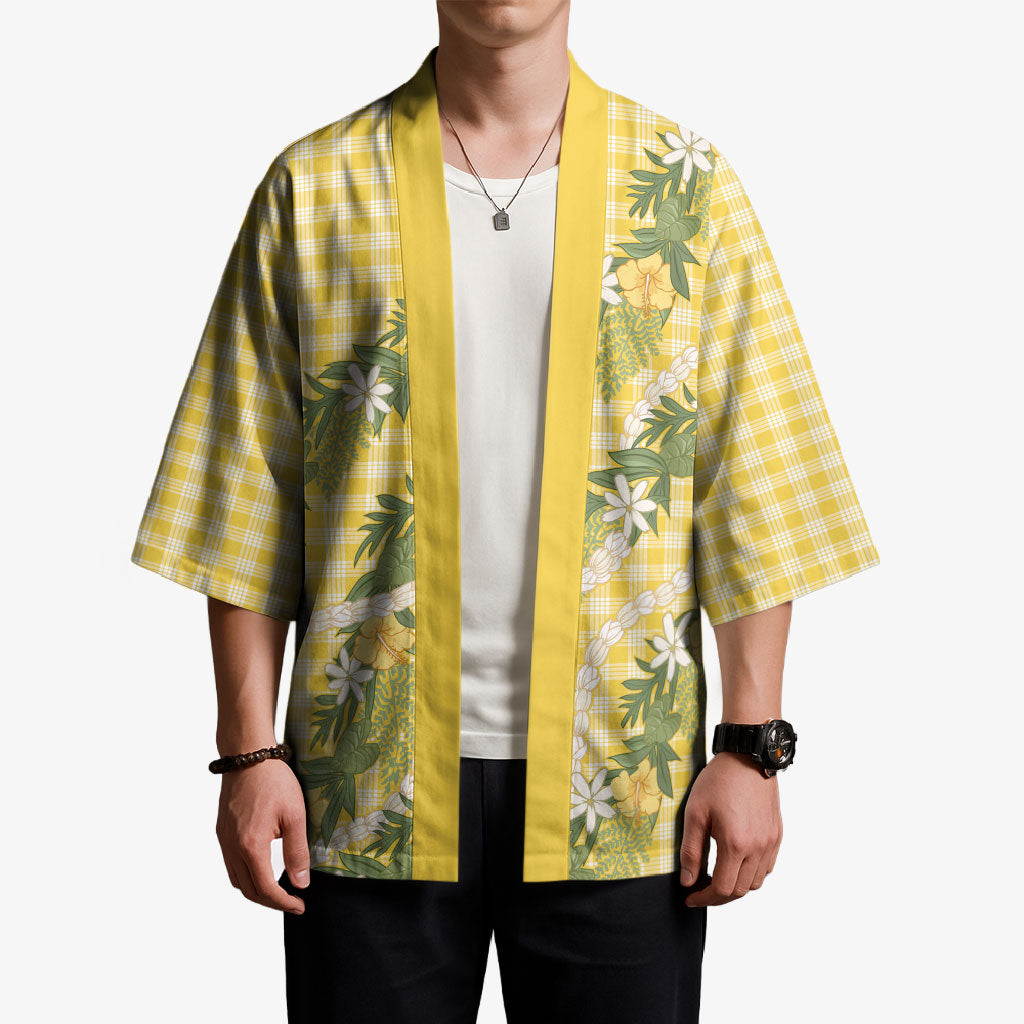 Aloha Puakenikeni Anthurium Pikake Lei Kimono Gold Hawaiian Palaka Pattern