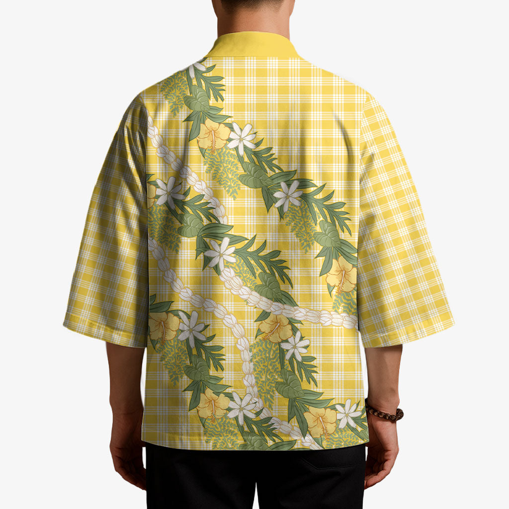 Aloha Puakenikeni Anthurium Pikake Lei Kimono Gold Hawaiian Palaka Pattern
