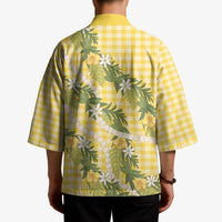 Aloha Puakenikeni Anthurium Pikake Lei Kimono Gold Hawaiian Palaka Pattern