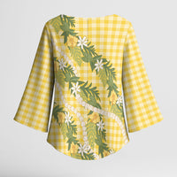Aloha Puakenikeni Anthurium Pikake Lei Kimono Sleeve Blouse Gold Hawaiian Palaka Pattern