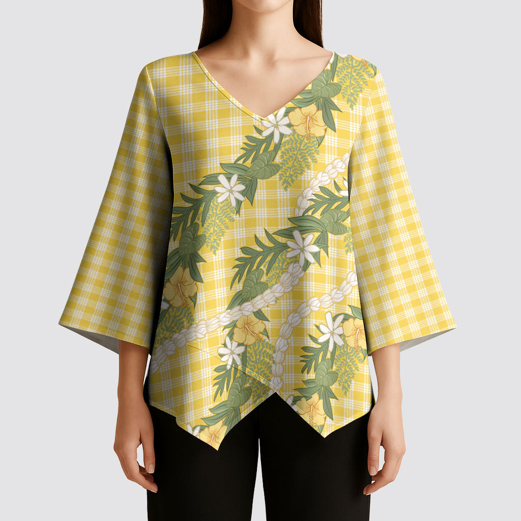 Aloha Puakenikeni Anthurium Pikake Lei Kimono Sleeve Blouse Gold Hawaiian Palaka Pattern